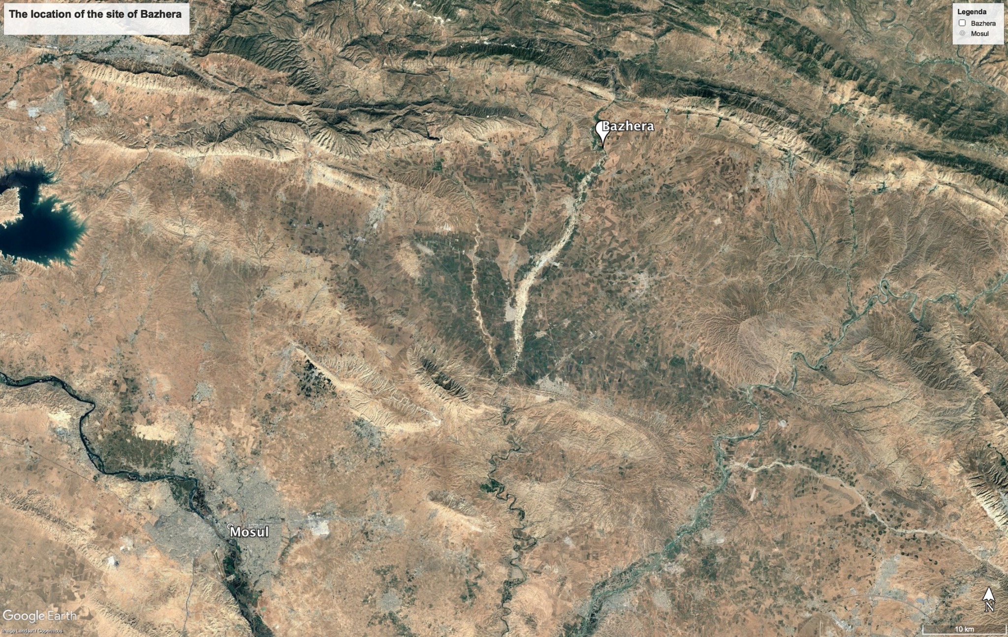 Satellite map showing the location of Bazhera north-east of Mosul